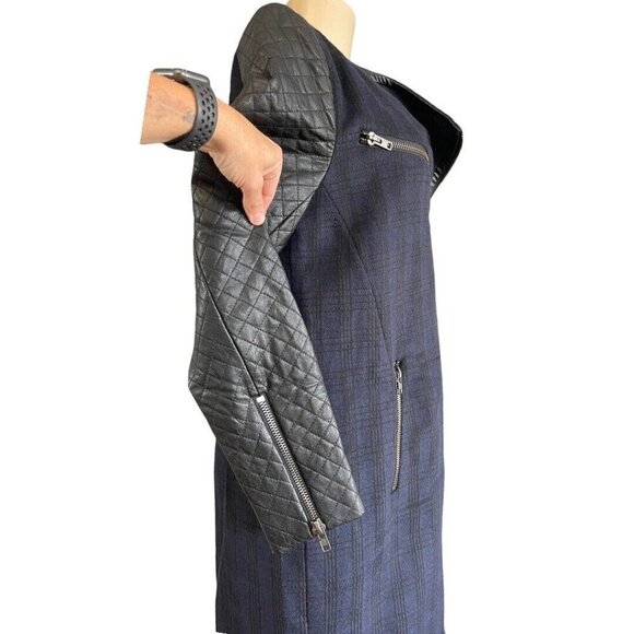 W118‎ Walter Baker Blue Tweed Check Coat Black Faux Leather Quilted Moto Jacket - Picture 7 of 12